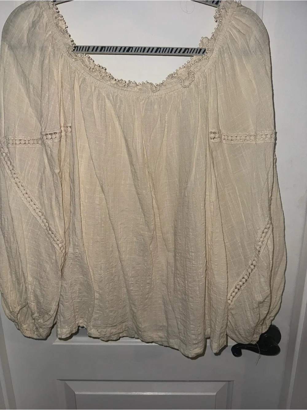 Max Studio Cream Boho Peasant Blouse with Crochet Trim XL